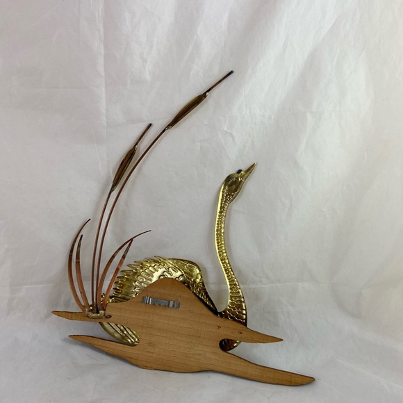 Vintage Swan Bird with Cattails Brass Copper & Wood MCM Wall Art Decor 2 Pieces - Picture 6 of 9